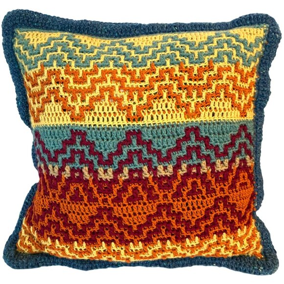 Vintage Knit Crochet Pillow Cover 1970's Mod Retro Hand Crafted 17"x17" - Picture 4 of 5